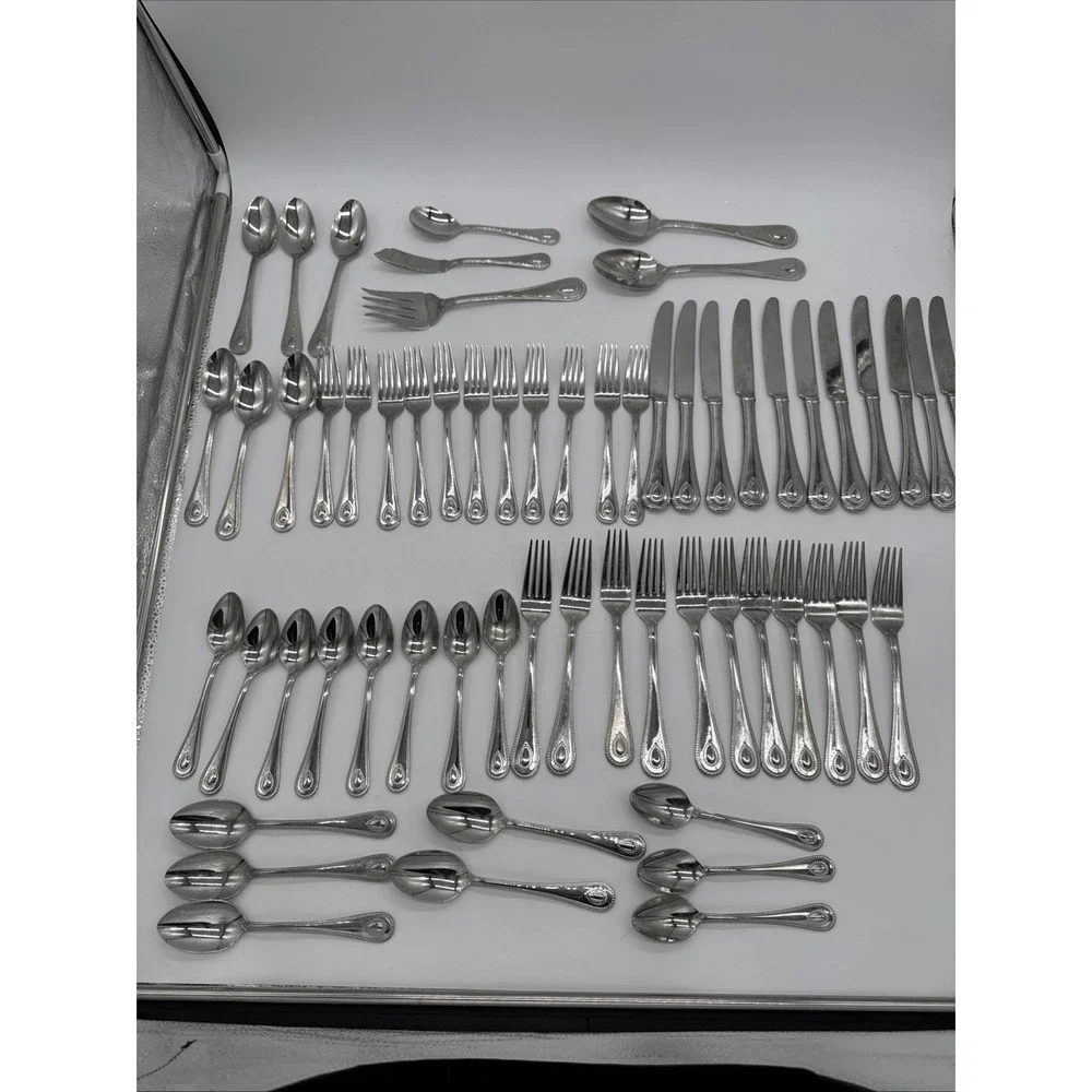 Lenox French Perle Beaded Teardrop 18/10 Vietnam Stainless Steel 60 Pc Set